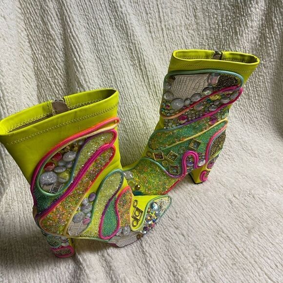 Rumbidra Shoes - Rumbidra synthetic Neon green mid calf heel boots Colorful embellishments SZ11